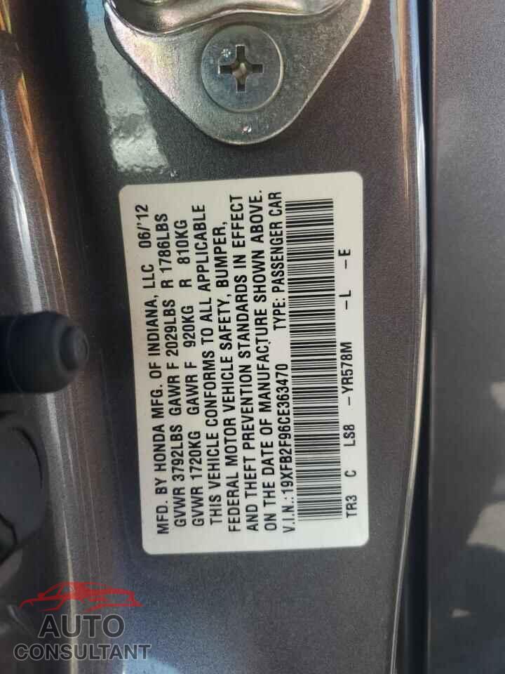 HONDA CIVIC 2012 - 19XFB2F96CE363470