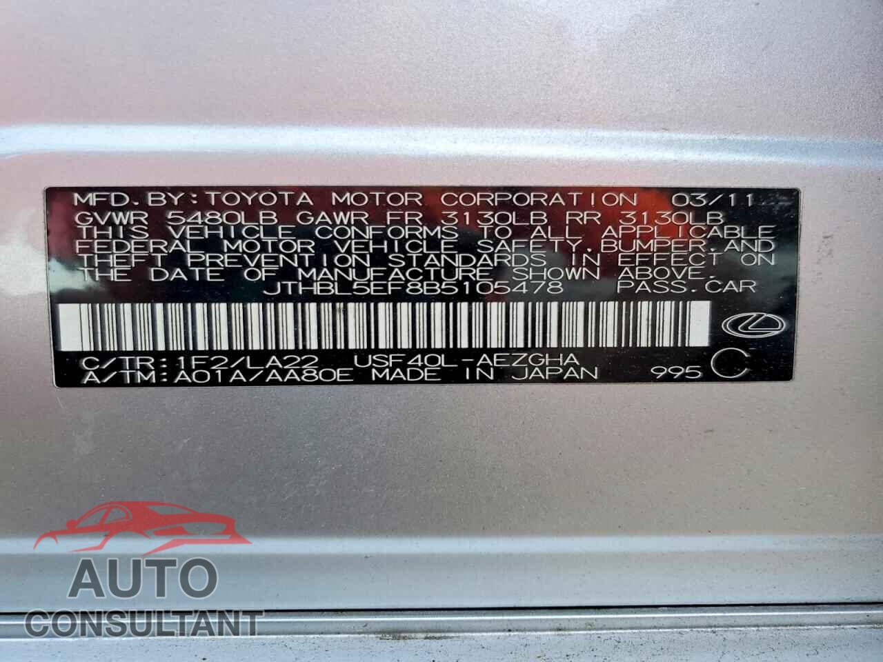 LEXUS LS460 2011 - JTHBL5EF8B5105478