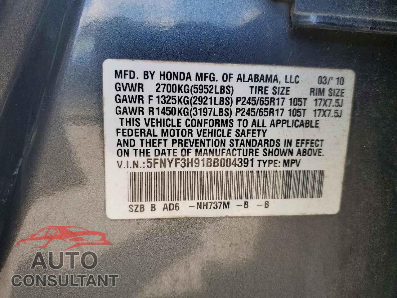 HONDA PILOT 2011 - 5FNYF3H91BB004391