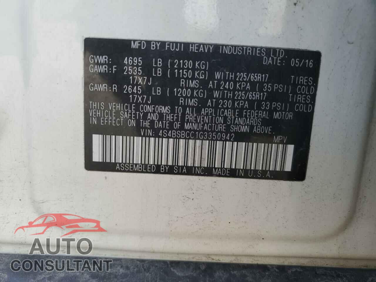 SUBARU OUTBACK 2016 - 4S4BSBCC1G3350942