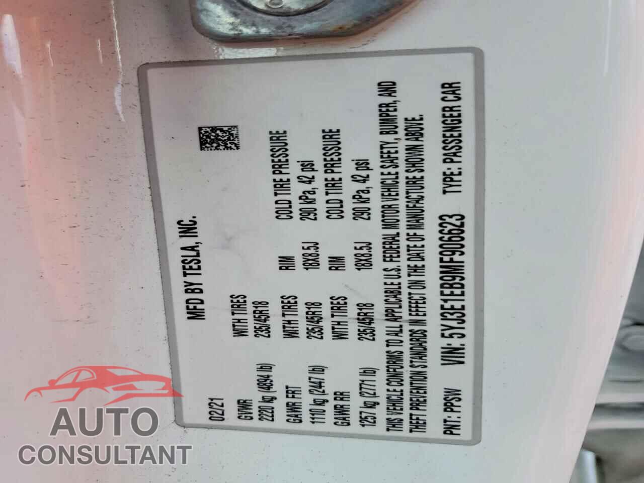 TESLA MODEL 3 2021 - 5YJ3E1EB9MF906623