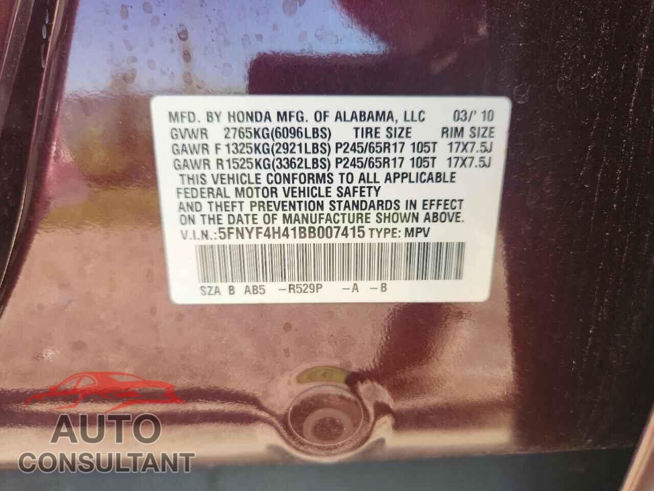 HONDA PILOT 2011 - 5FNYF4H41BB007415