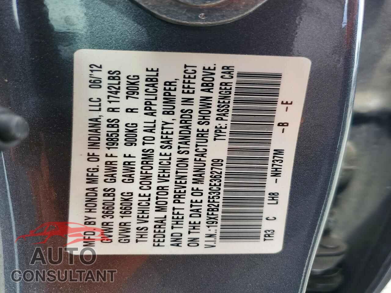 HONDA CIVIC 2012 - 19XFB2F53CE362709