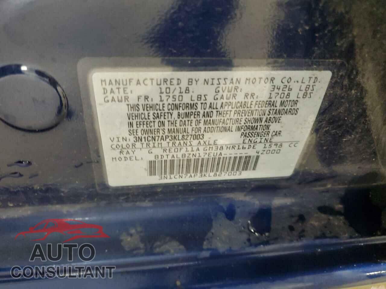 NISSAN VERSA 2019 - 3N1CN7AP3KL827003
