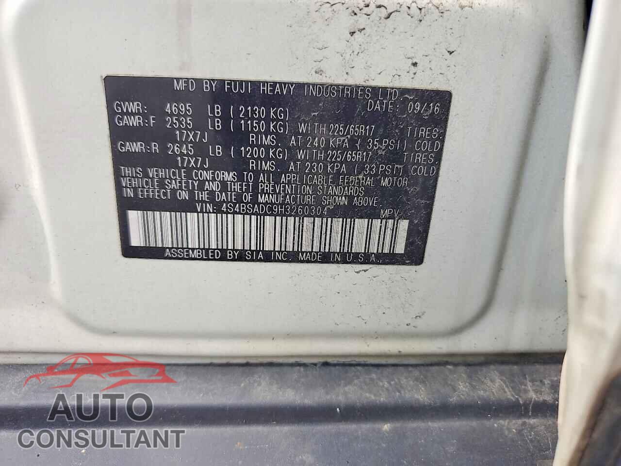 SUBARU OUTBACK 2017 - 4S4BSADC9H3260304