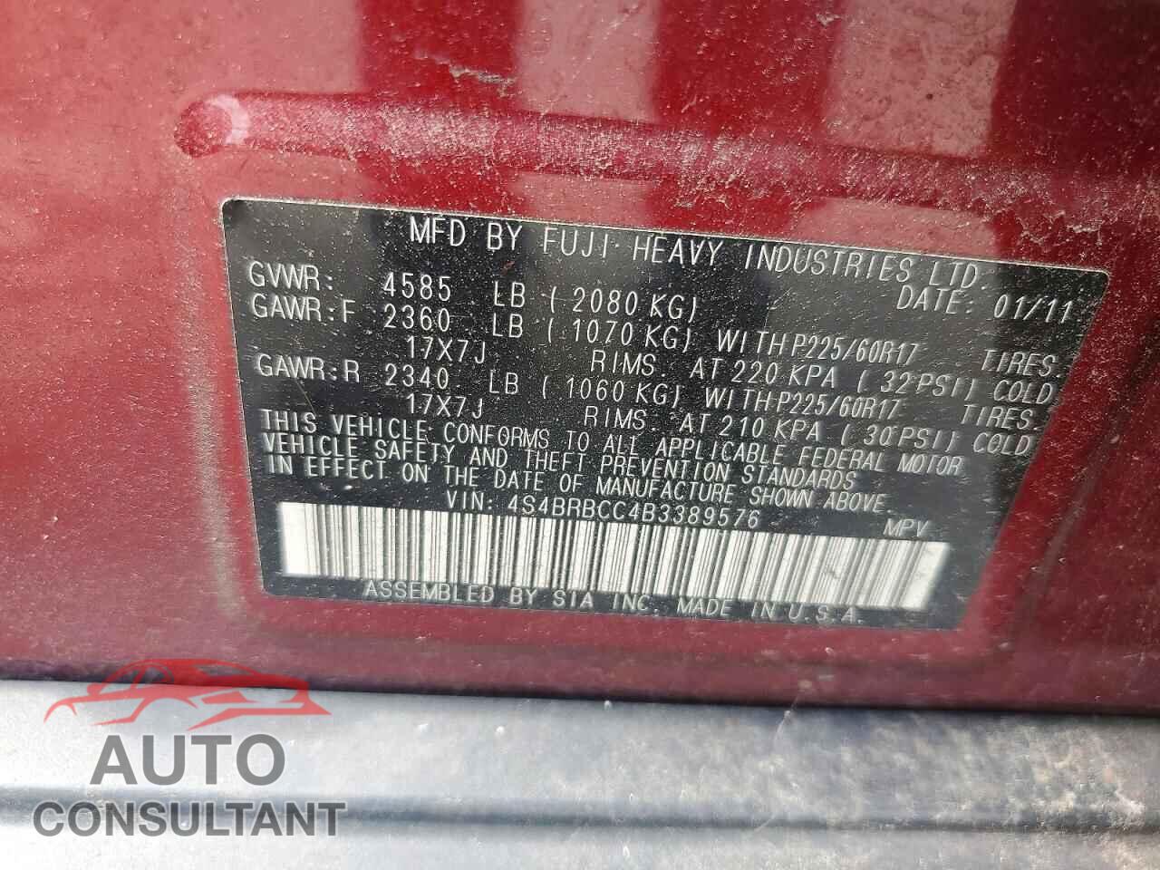 SUBARU OUTBACK 2011 - 4S4BRBCC4B3389576