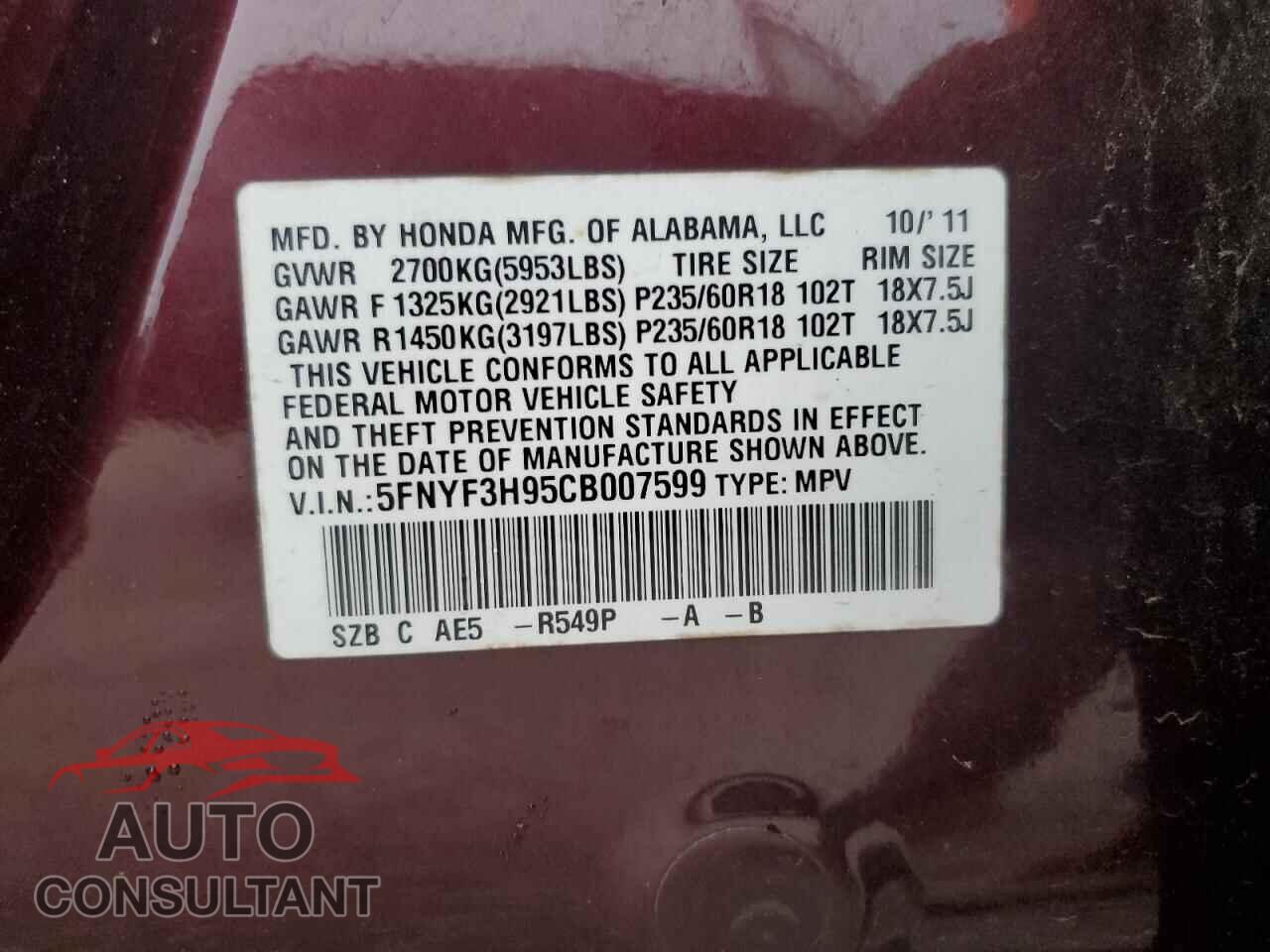 HONDA PILOT 2012 - 5FNYF3H95CB007599