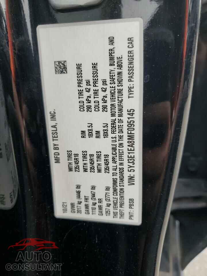 TESLA MODEL 3 2021 - 5YJ3E1EA8MF095145