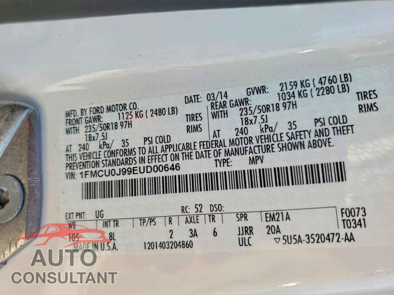 FORD ESCAPE 2014 - 1FMCU0J99EUD00646