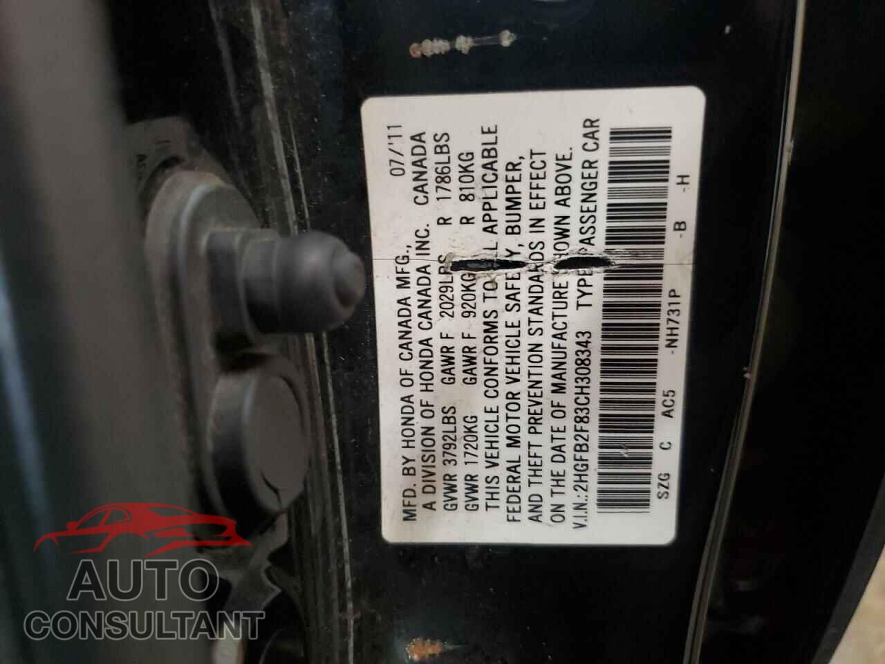 HONDA CIVIC 2012 - 2HGFB2F83CH308343