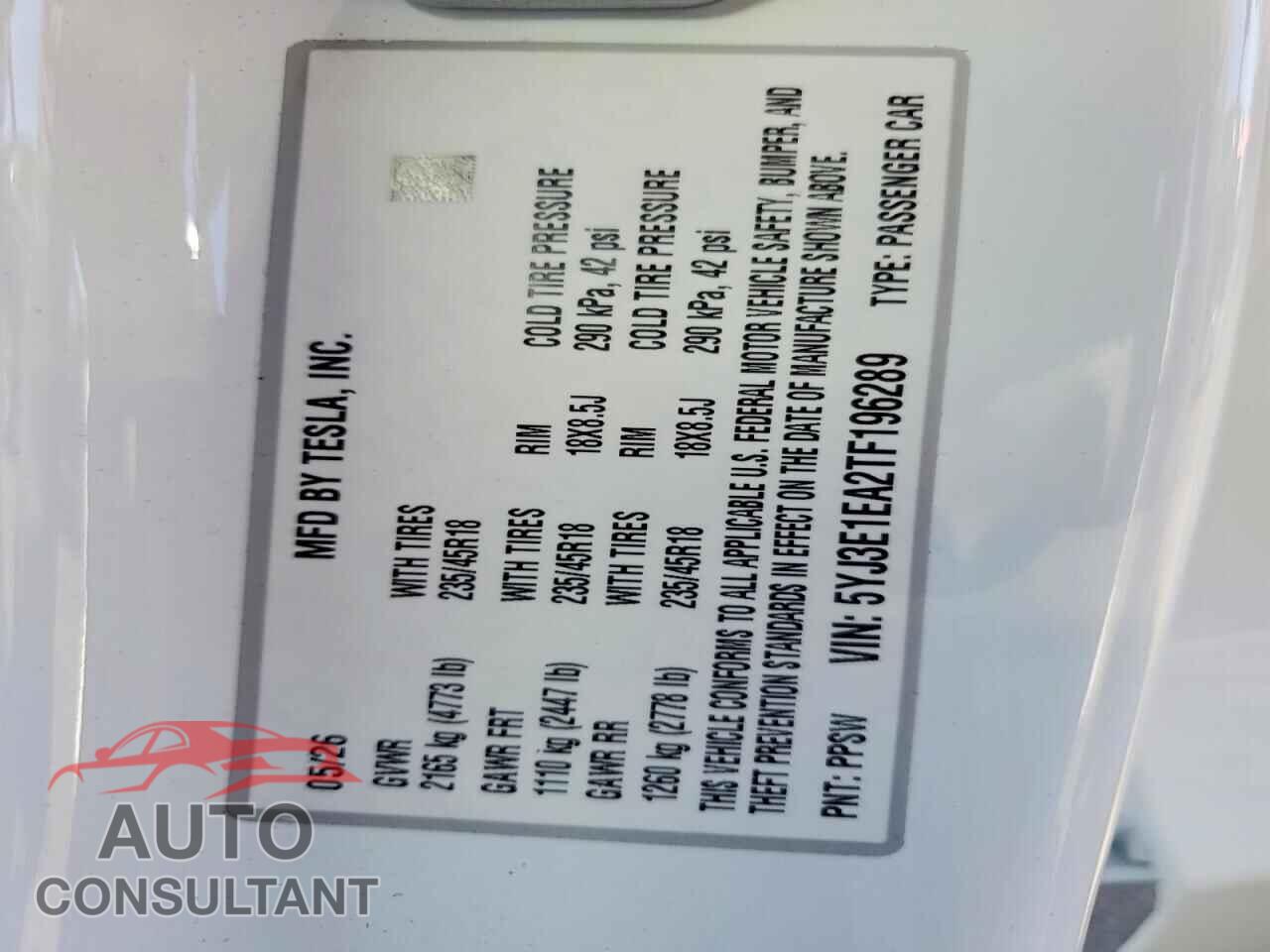 TESLA MODEL 3 2026 - 5YJ3E1EA2TF196289