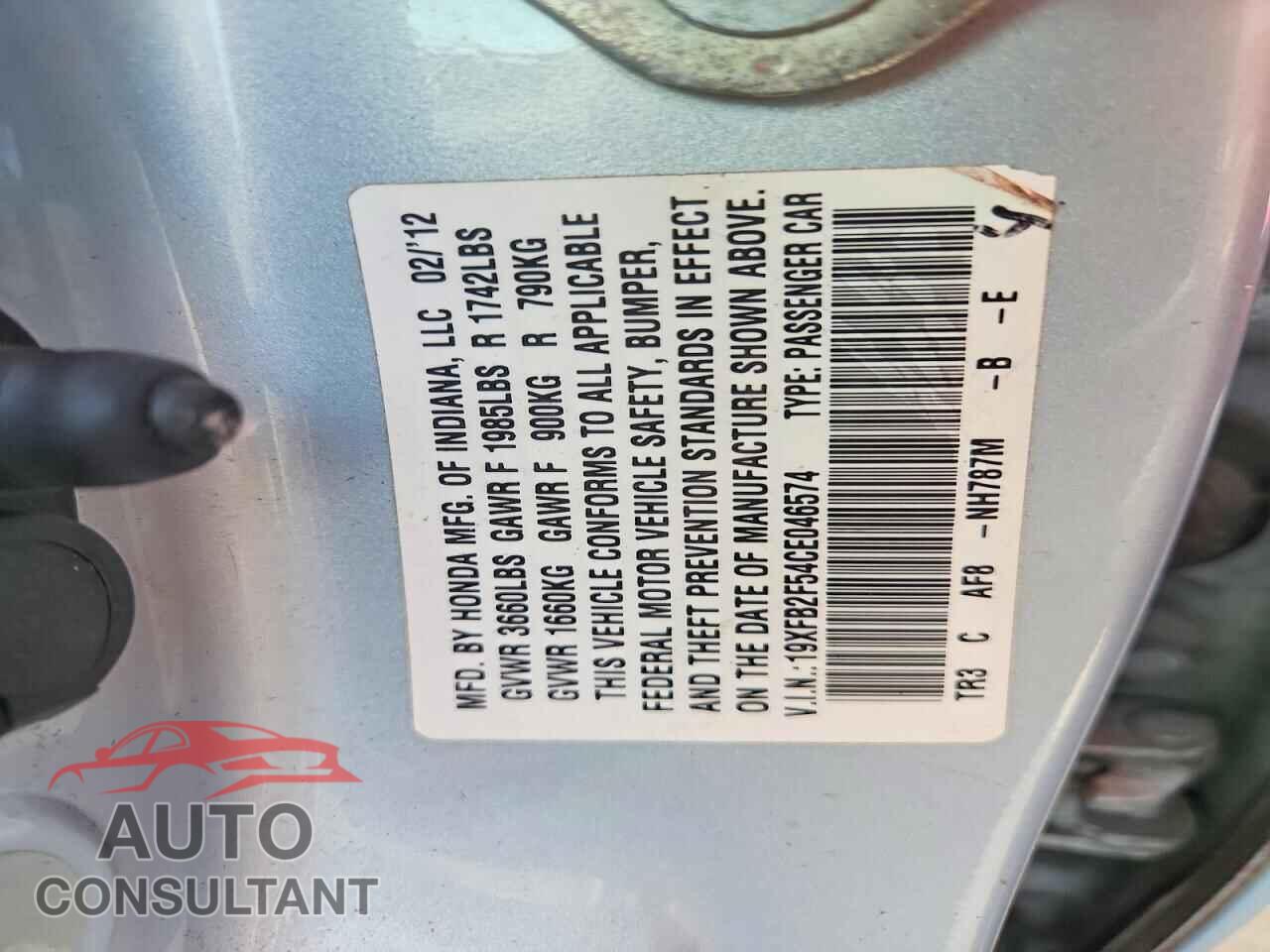 HONDA CIVIC 2012 - 19XFB2F54CE046574