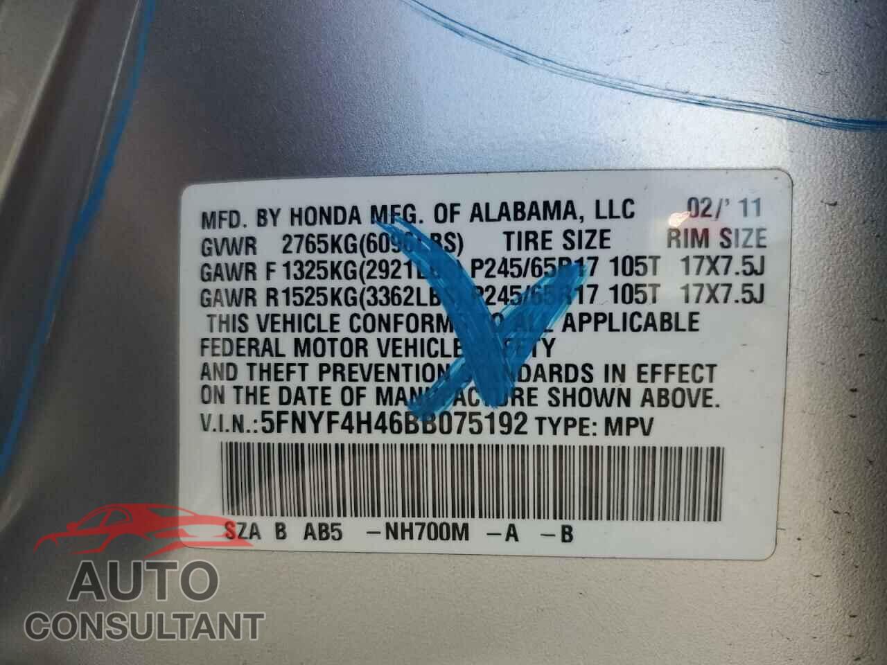 HONDA PILOT 2011 - 5FNYF4H46BB075192