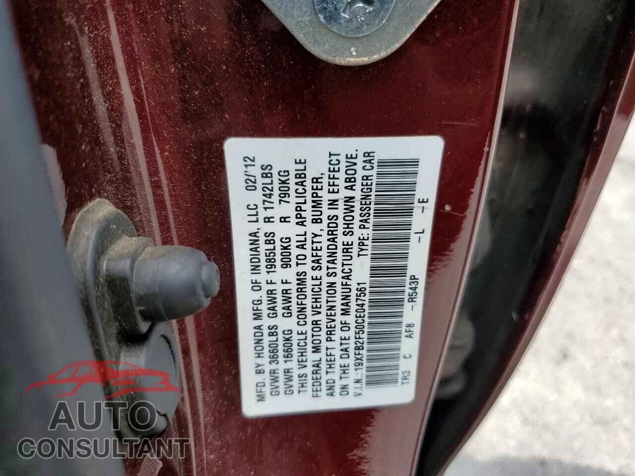 HONDA CIVIC 2012 - 19XFB2F50CE047561