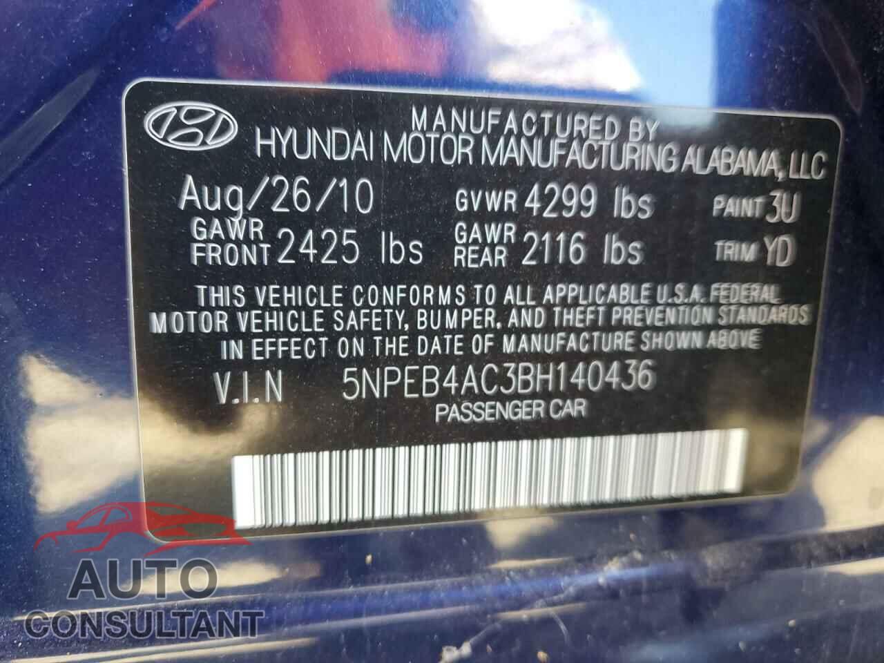 HYUNDAI SONATA 2011 - 5NPEB4AC3BH140436