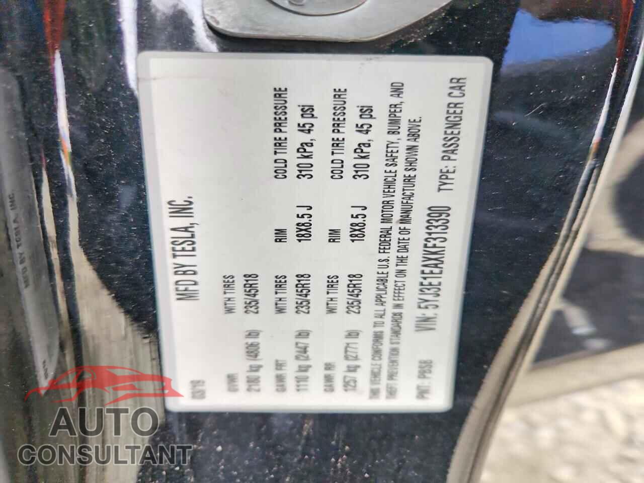 TESLA MODEL 3 2019 - 5YJ3E1EAXKF313390