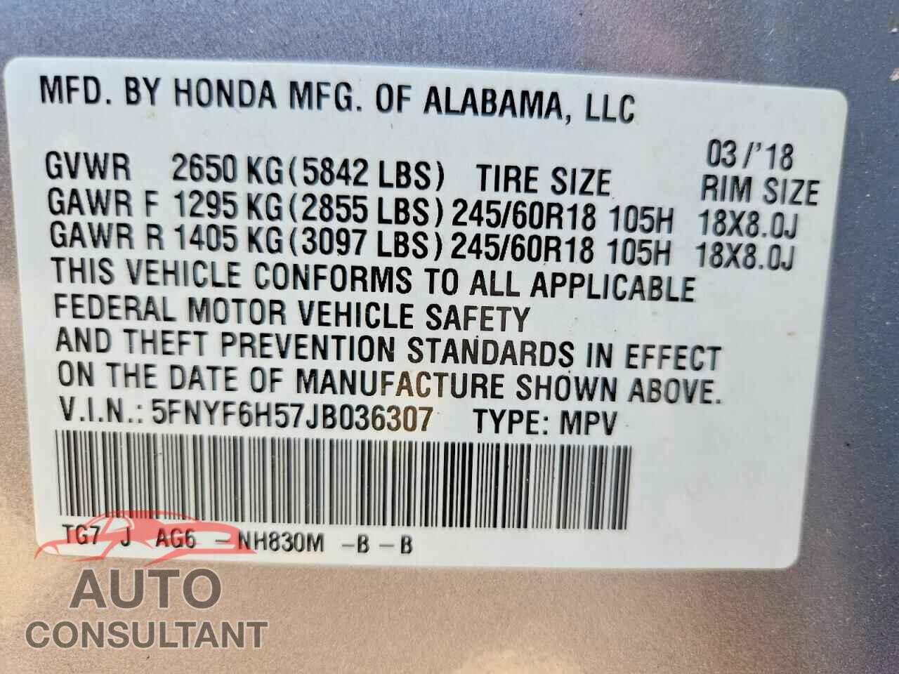 HONDA PILOT 2018 - 5FNYF6H57JB036307