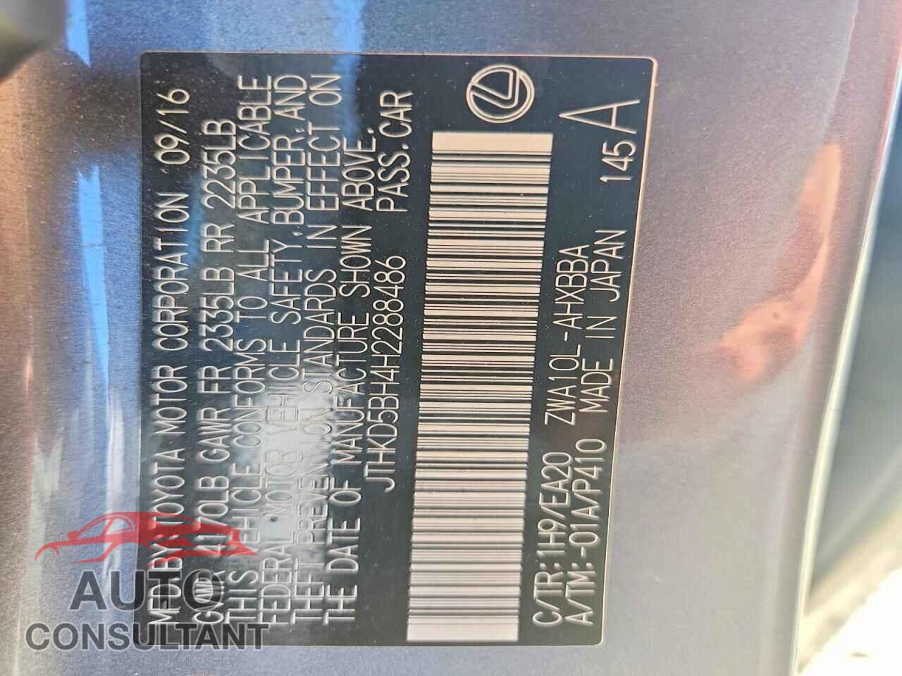 LEXUS CT 200 2017 - JTHKD5BH4H2288486