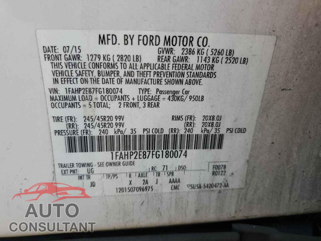 FORD TAURUS 2015 - 1FAHP2E87FG180074