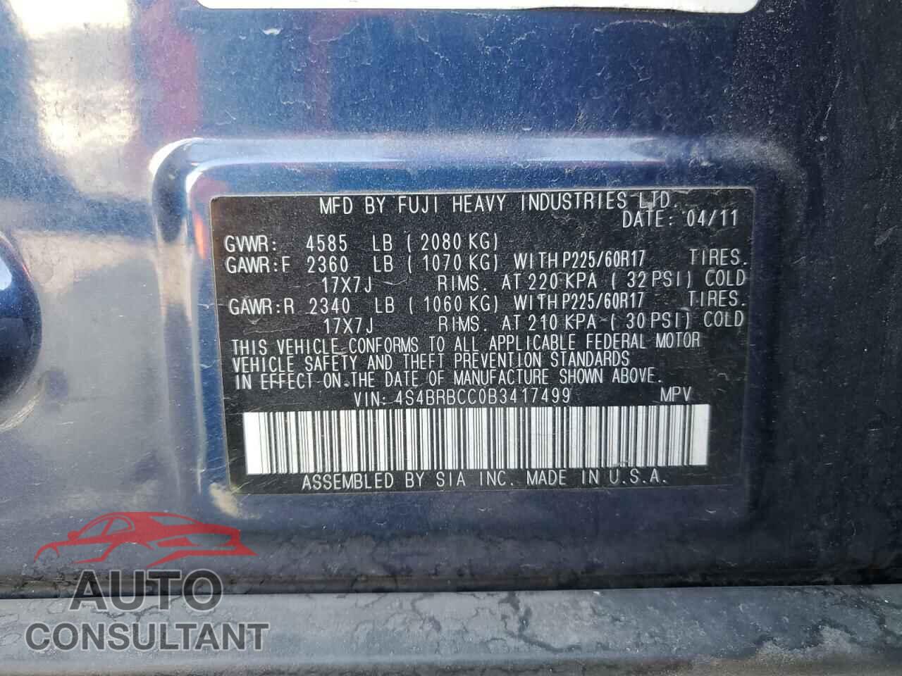 SUBARU OUTBACK 2011 - 4S4BRBCC0B3417499