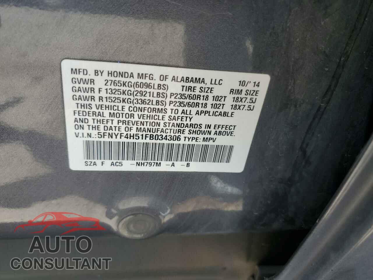 HONDA PILOT 2015 - 5FNYF4H51FB034306