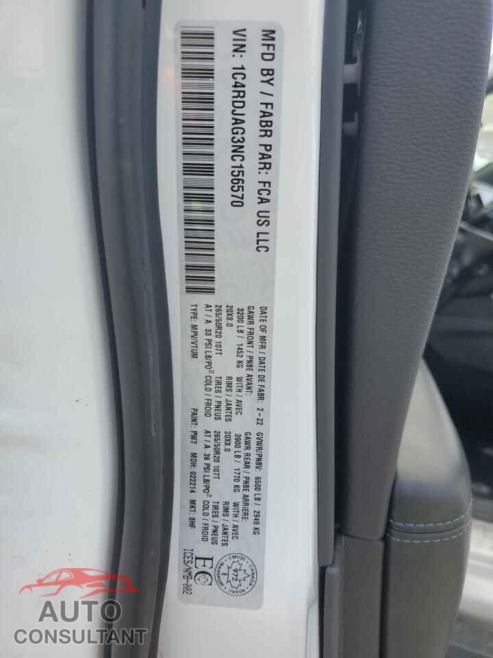 DODGE DURANGO 2022 - 1C4RDJAG3NC156570