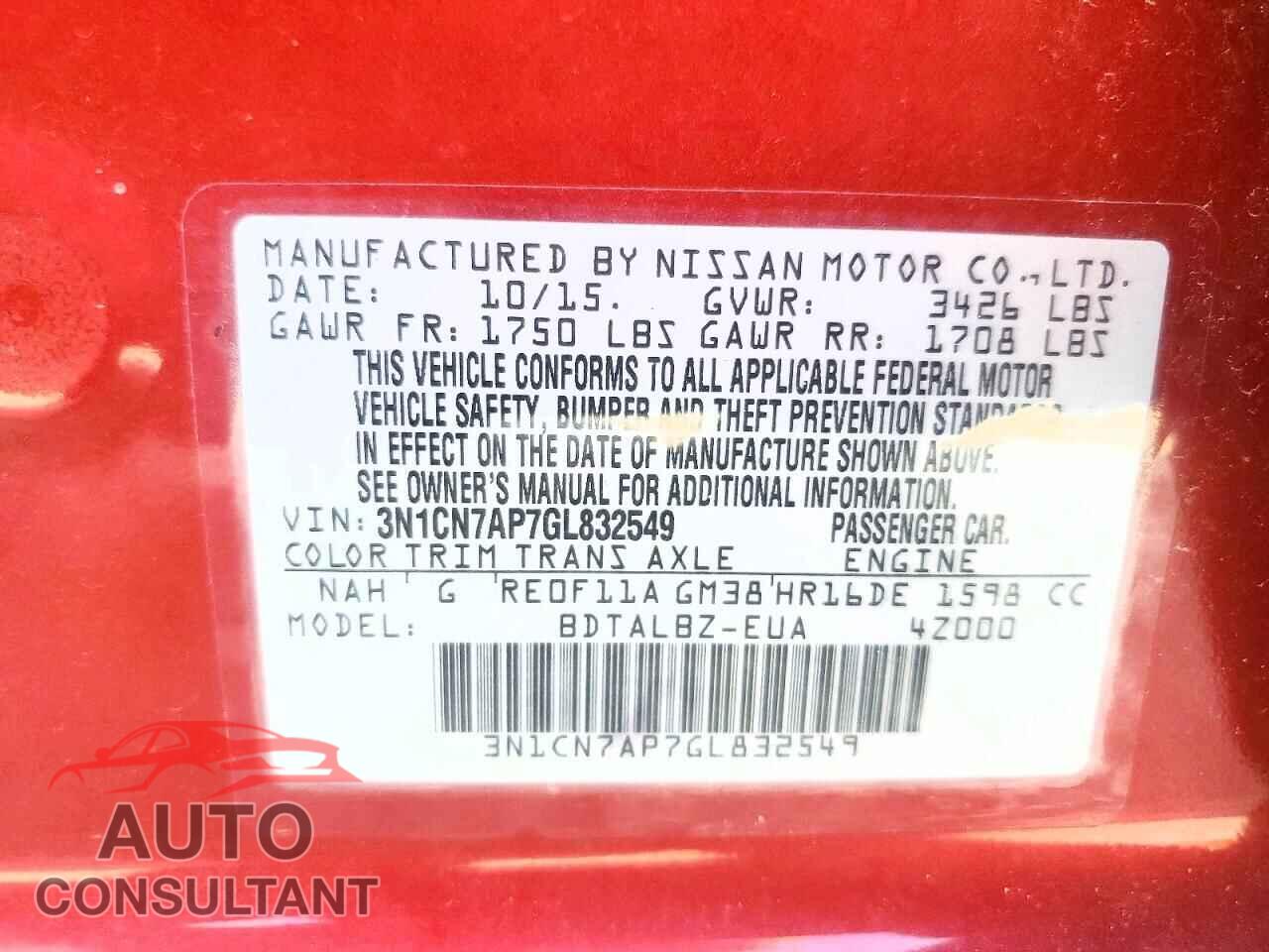 NISSAN VERSA 2016 - 3N1CN7AP7GL832549