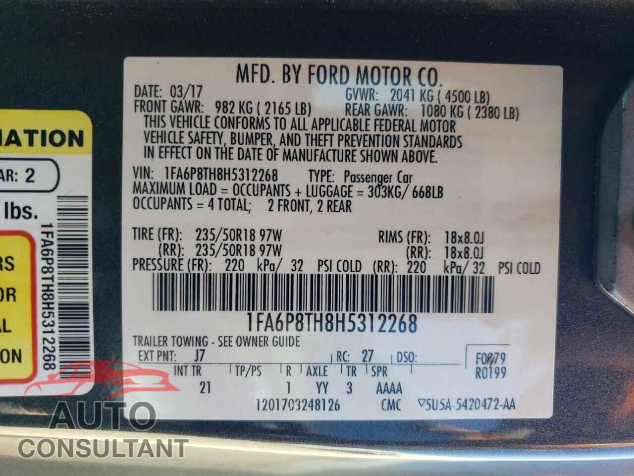 FORD MUSTANG 2017 - 1FA6P8TH8H5312268