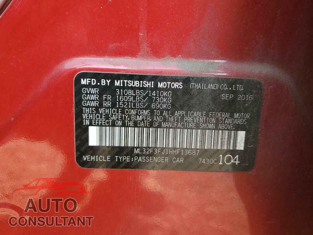 MITSUBISHI MIRAGE 2017 - ML32F3FJ1HHF13687