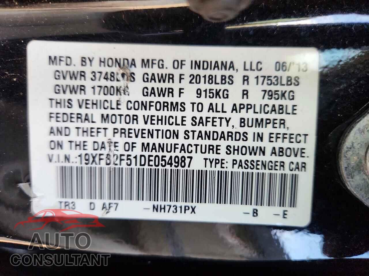 HONDA CIVIC 2013 - 19XFB2F51DE054987