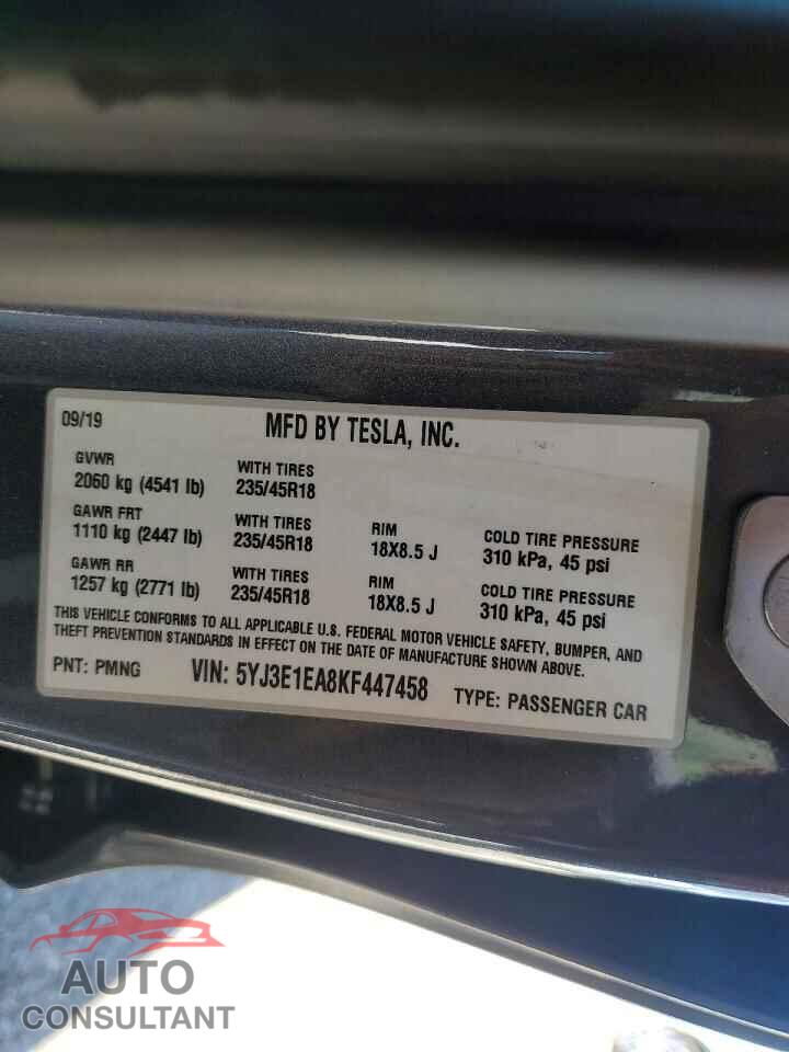 TESLA MODEL 3 2019 - 5YJ3E1EA8KF447458
