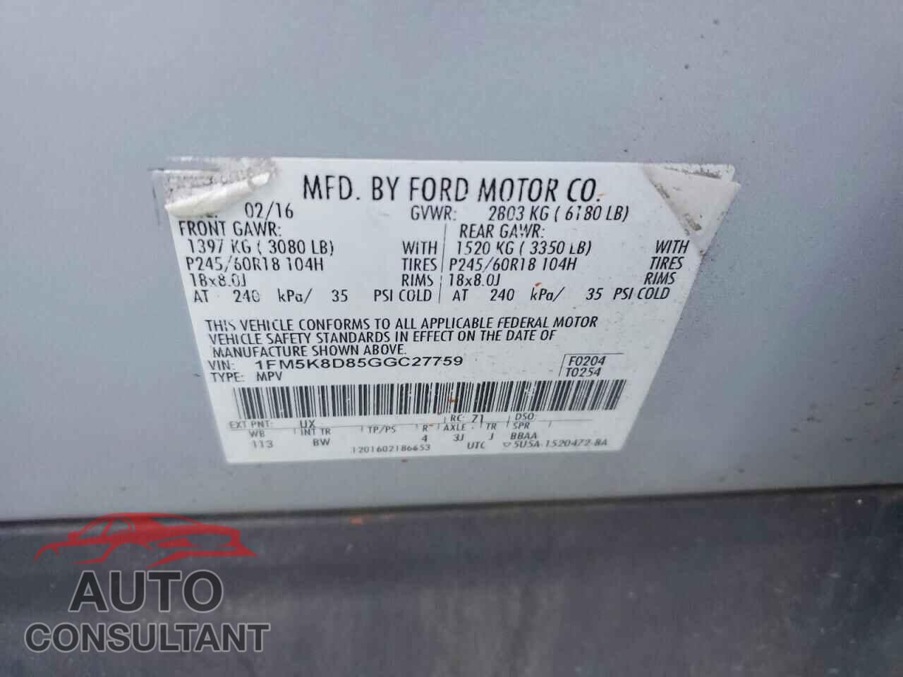 FORD EXPLORER 2016 - 1FM5K8D85GGC27759