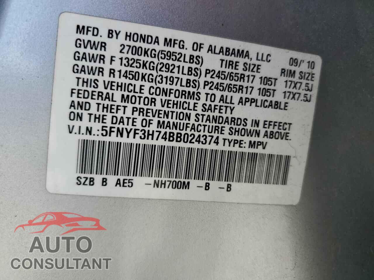 HONDA PILOT 2011 - 5FNYF3H74BB024374
