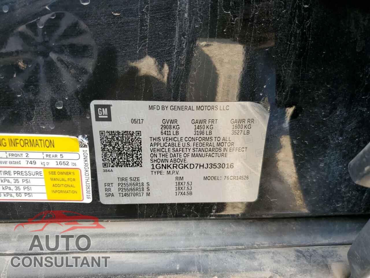 CHEVROLET TRAVERSE 2017 - 1GNKRGKD7HJ353016