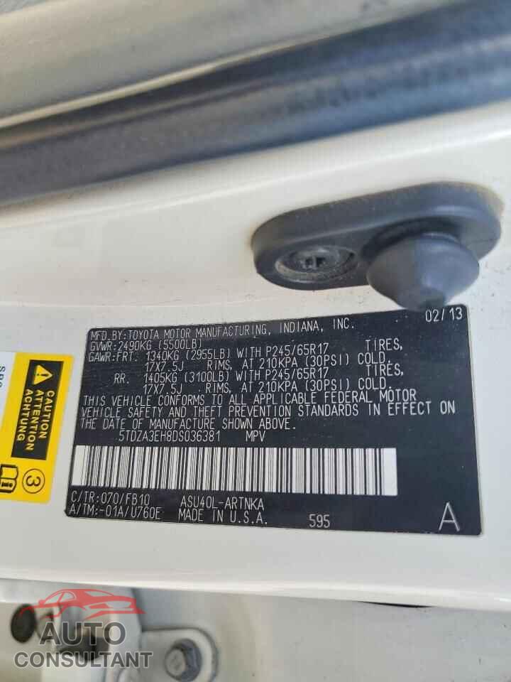 TOYOTA HIGHLANDER 2013 - 5TDZA3EH8DS036381