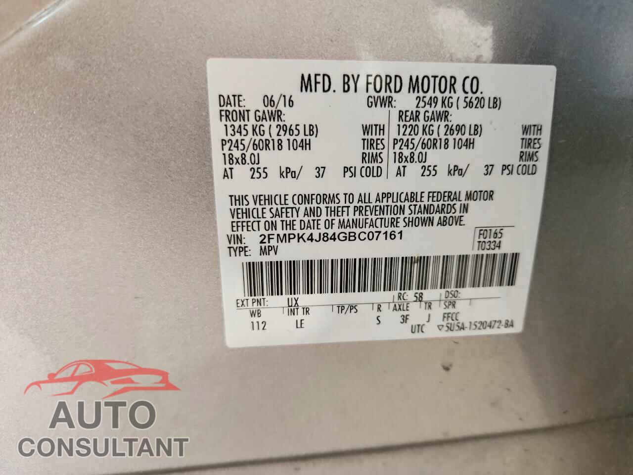 FORD EDGE 2016 - 2FMPK4J84GBC07161