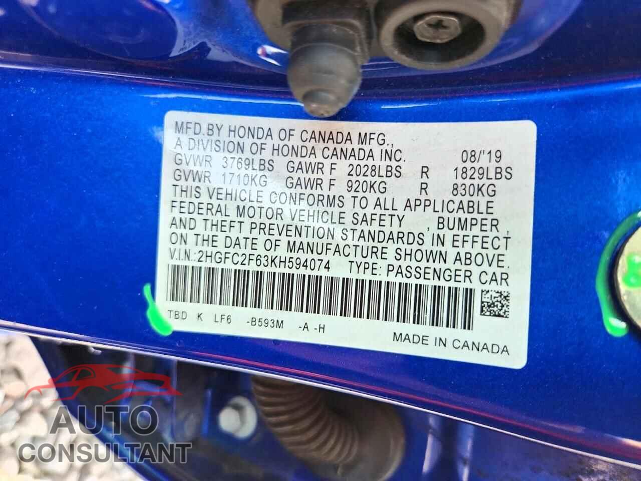 HONDA CIVIC 2019 - 2HGFC2F63KH594074