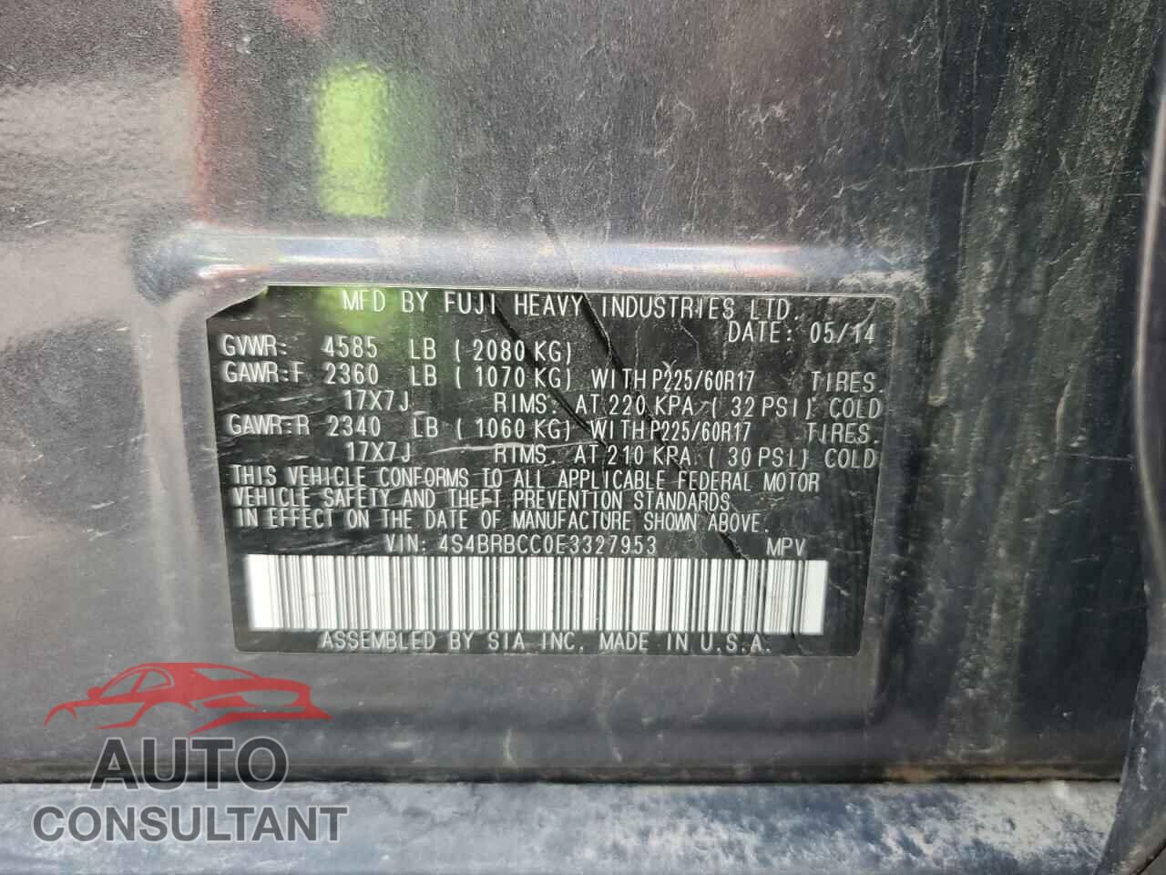 SUBARU OUTBACK 2014 - 4S4BRBCC0E3327953