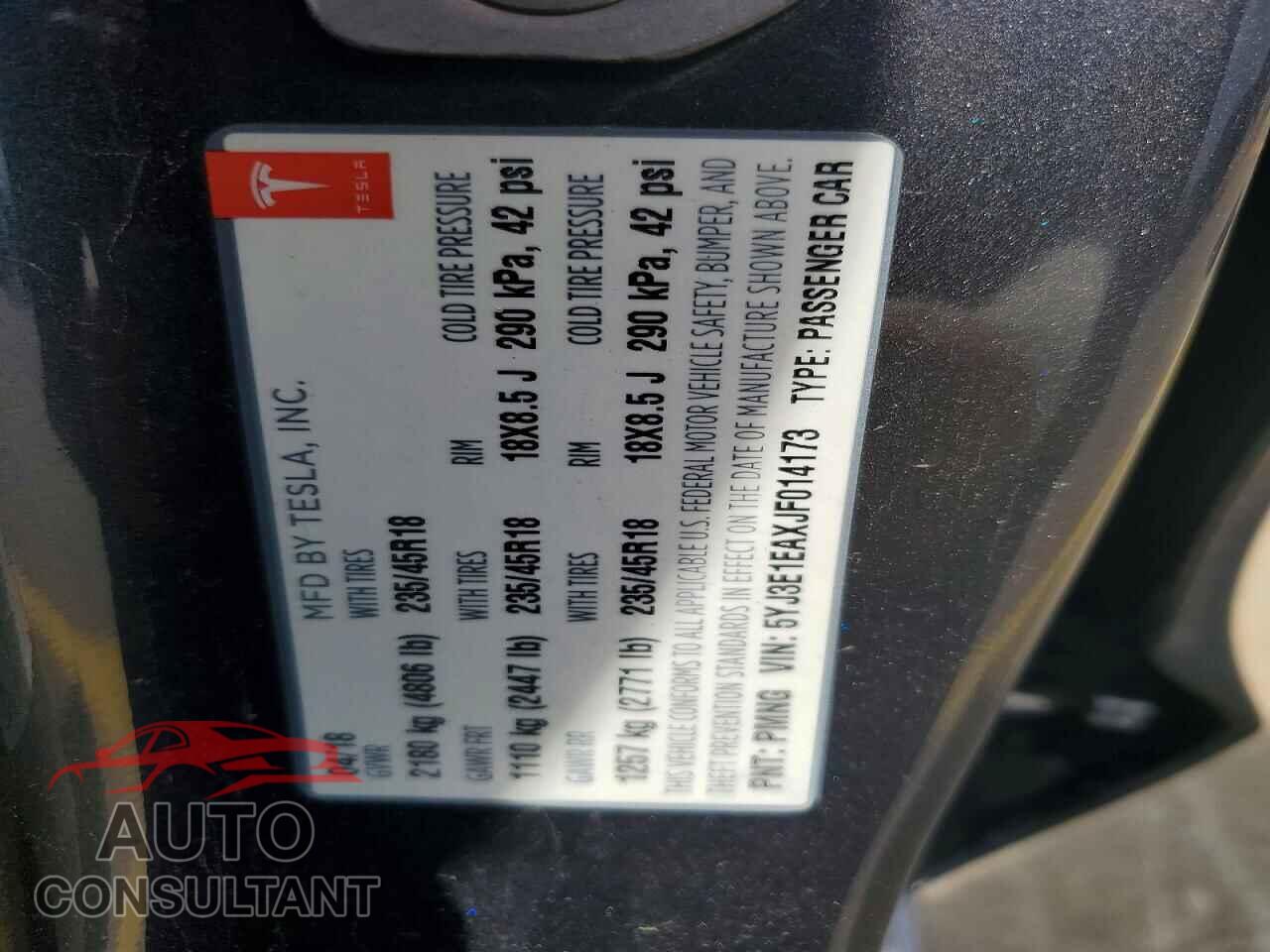 TESLA MODEL 3 2018 - 5YJ3E1EAXJF014173