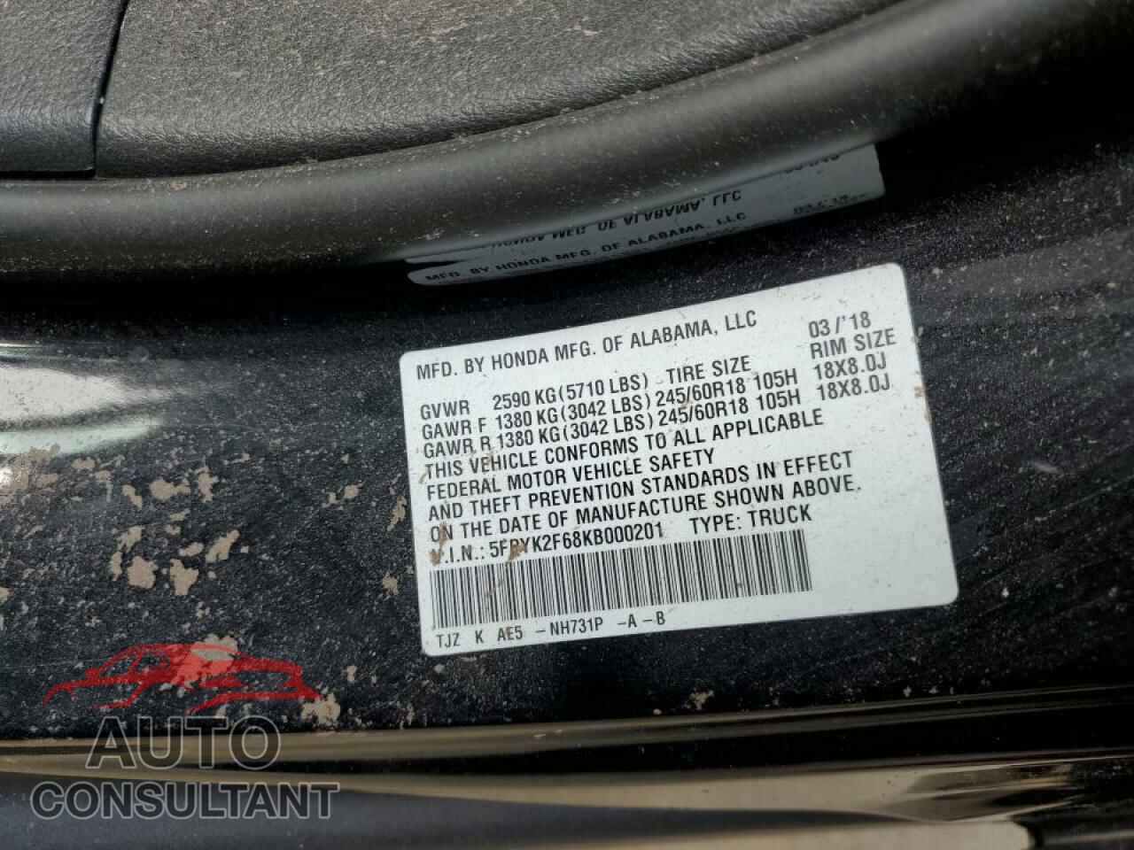 HONDA RIDGELINE 2019 - 5FPYK2F68KB000201