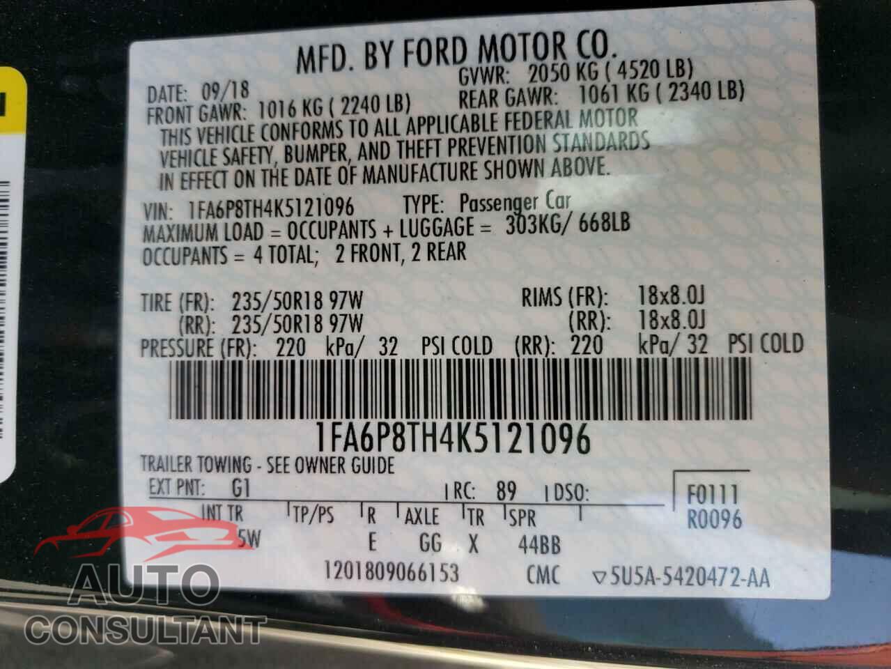 FORD MUSTANG 2019 - 1FA6P8TH4K5121096