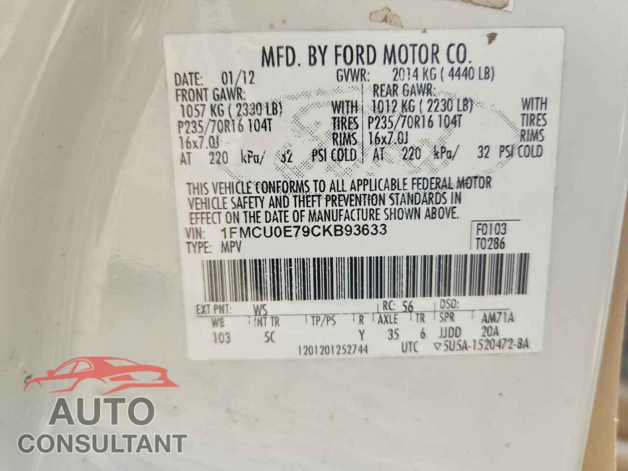 FORD ESCAPE 2012 - 1FMCU0E79CKB93633