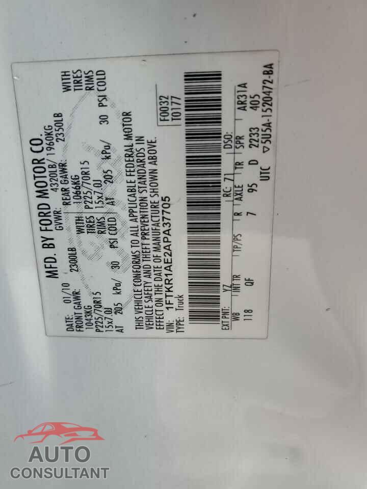 FORD RANGER 2010 - 1FTKR1AE2APA37705