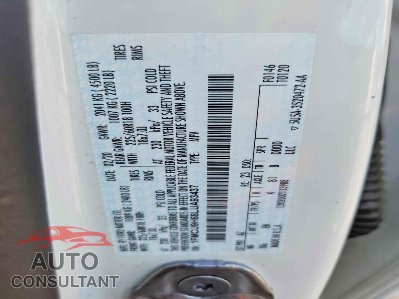 FORD ESCAPE 2020 - 1FMCU9H68LUA93437