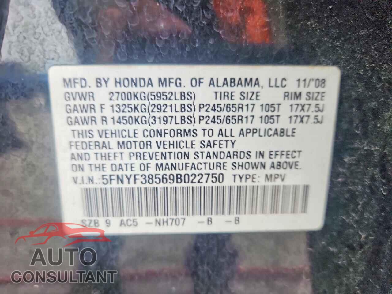 HONDA PILOT 2009 - 5FNYF38569B022750