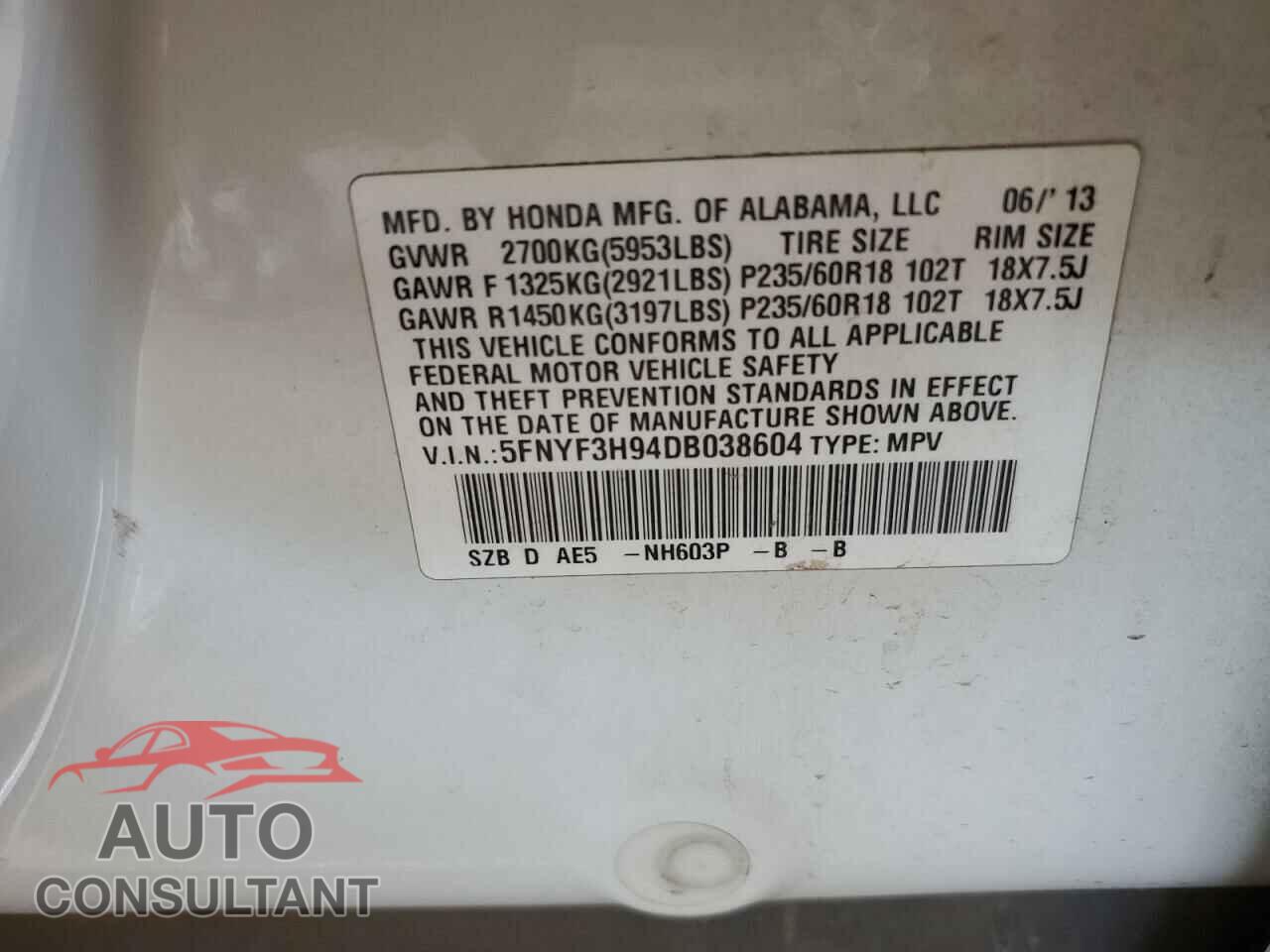 HONDA PILOT 2013 - 5FNYF3H94DB038604