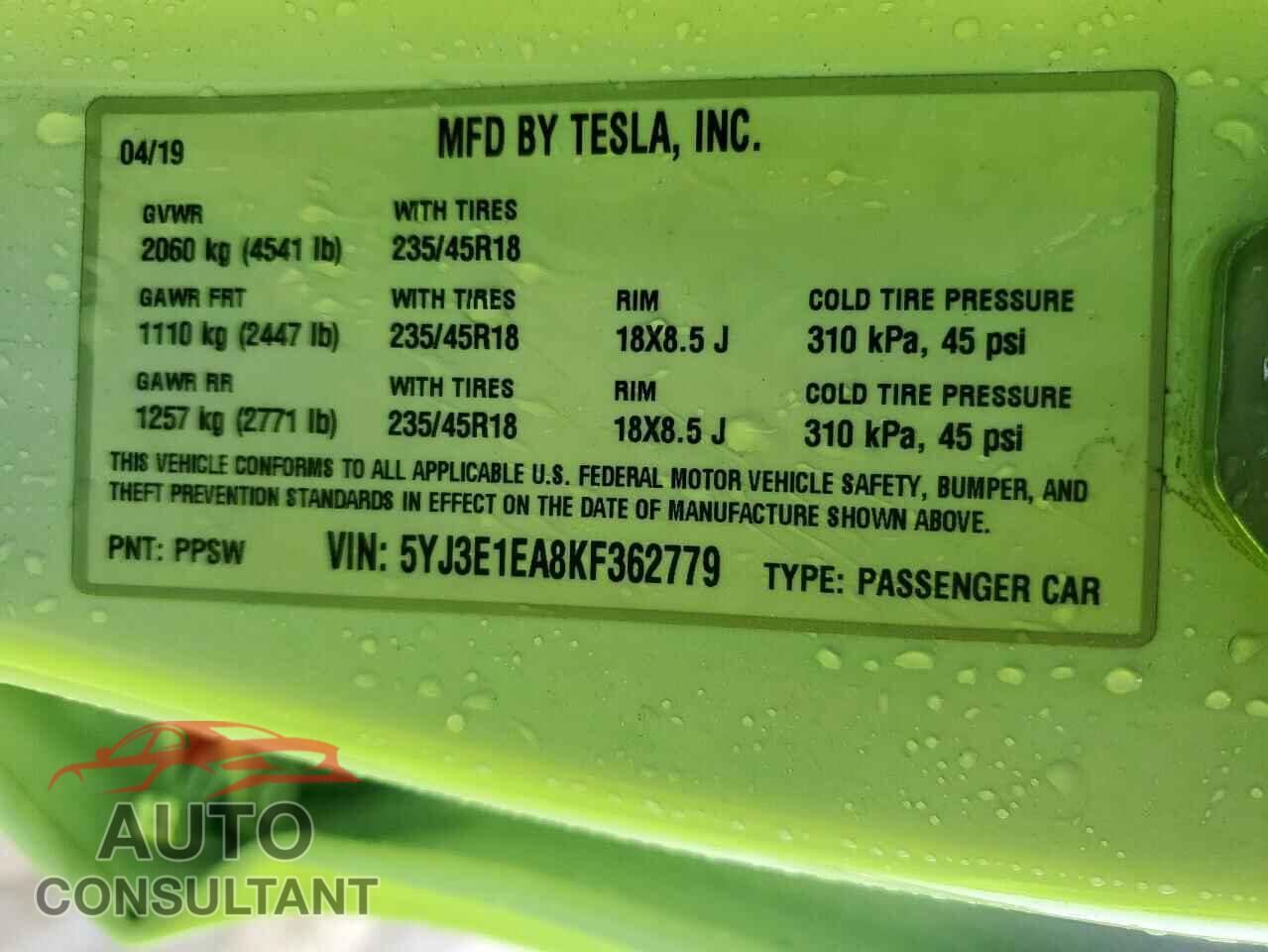 TESLA MODEL 3 2019 - 5YJ3E1EA8KF362779