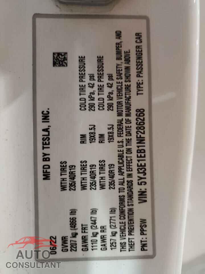 TESLA MODEL 3 2022 - 5YJ3E1EB1NF286268