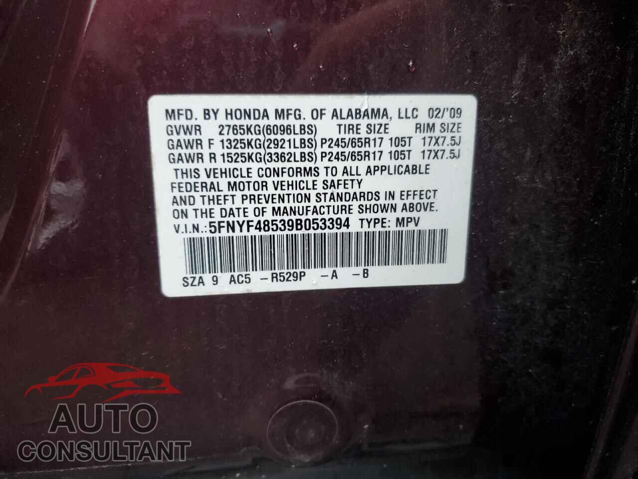 HONDA PILOT 2009 - 5FNYF48539B053394