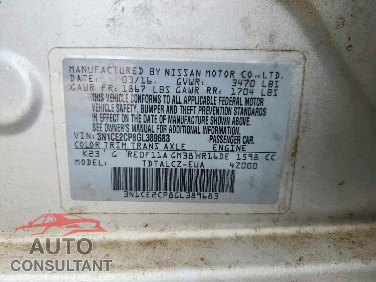 NISSAN VERSA 2016 - 3N1CE2CP8GL389683